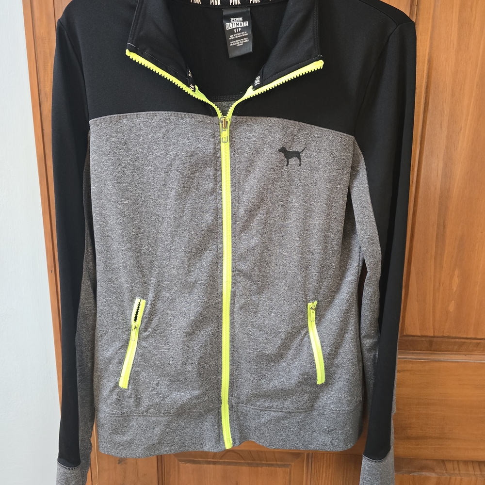 PINK Victoria's Secret Women's Black and Gray Jacket with Neon Accents